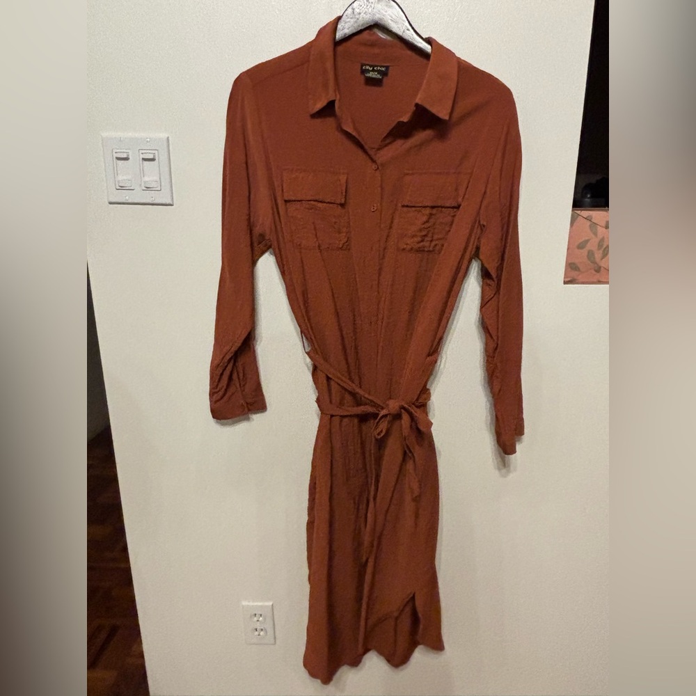 City Chic Ginger Long Sleeve Shirt Dress with Waist Tie